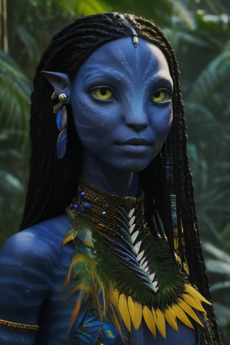 Beautiful na’vi, ((Zoë Kravitz)), ((Neytiri)), ((Neteyam)), female, dark blue skin, young, jewelry, long black braids, yellow eyes, earring, ((jungle:background)), ((closeup)), movie scene, freckles, detailed, hdr, high quality, movie still, visible tail, skin detail,ADD MORE DETAIL 