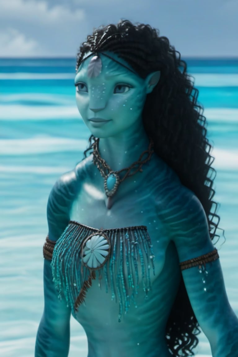 Beautiful na’vi, ((Emily Carey)), female, aqua skin, black curly hair, jewelry, ((beach:background)), ((closeup)), ((bust)), movie scene, freckles, detailed, hdr, high quality, movie still, visible tail, skin detail, ADD MORE DETAIL