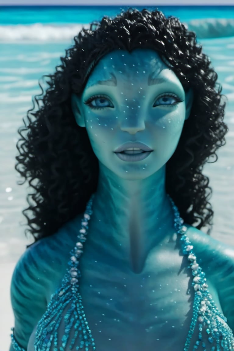 Beautiful na’vi, ((Marilyn Monroe)), female, aqua skin, black curly hair, jewelry, ((beach:background)), ((closeup)), ((bust)), movie scene, freckles, detailed, hdr, high quality, movie still, visible tail, skin detail, ADD MORE DETAIL