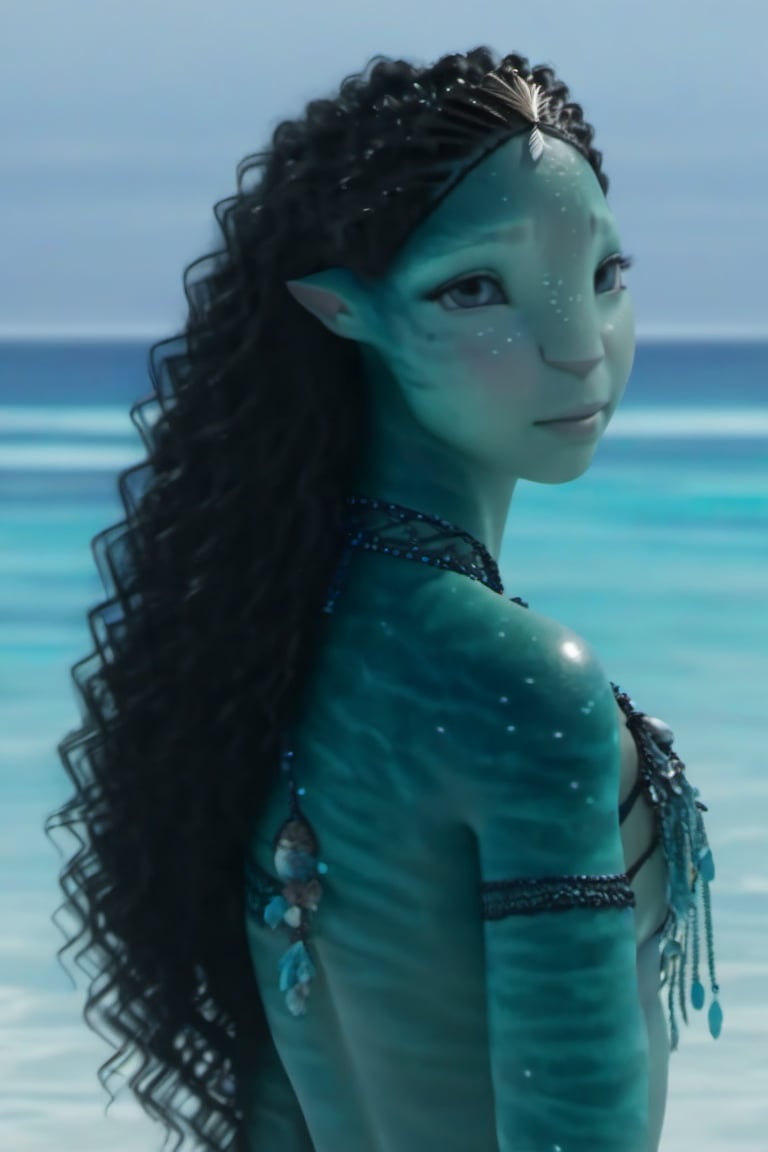 Beautiful na’vi, ((Sonoya Mizuno)), female, aqua skin, black curly hair, jewelry, ((beach:background)), ((closeup)), ((bust)), movie scene, freckles, detailed, hdr, high quality, movie still, visible tail, skin detail, ADD MORE DETAIL