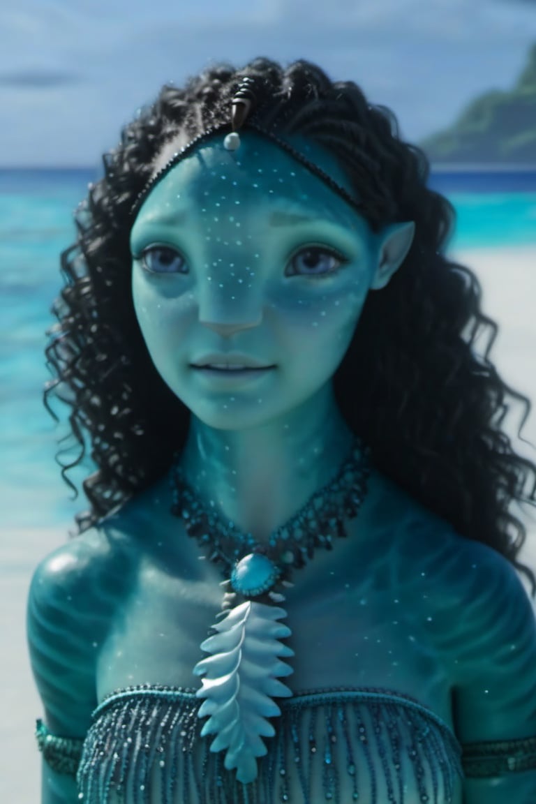 Beautiful na’vi, ((Olivia Cooke)), female, aqua skin, black curly hair, jewelry, ((beach:background)), ((closeup)), ((bust)), movie scene, freckles, detailed, hdr, high quality, movie still, visible tail, skin detail, ADD MORE DETAIL