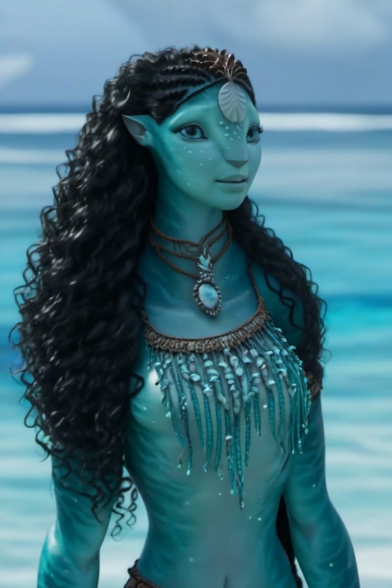 Beautiful na’vi, female, young, aqua skin, long black curly hair, jewelry, ((beach:background)), ((closeup)), ((bust)), movie scene, freckles, detailed, hdr, high quality, movie still, visible tail, skin detail, ADD MORE DETAIL