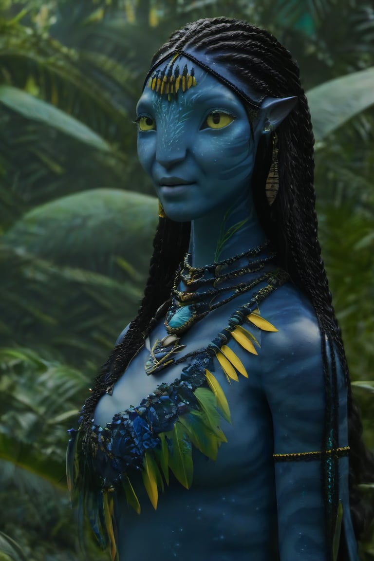 Beautiful na’vi, ((Avantika Vandanapu)), dark blue skin, young, jewelry, long black knotless braids, yellow eyes, earring, ((jungle:background)), ((closeup)), movie scene, freckles, detailed, hdr, high quality, movie still, visible tail, skin detail,ADD MORE DETAIL 