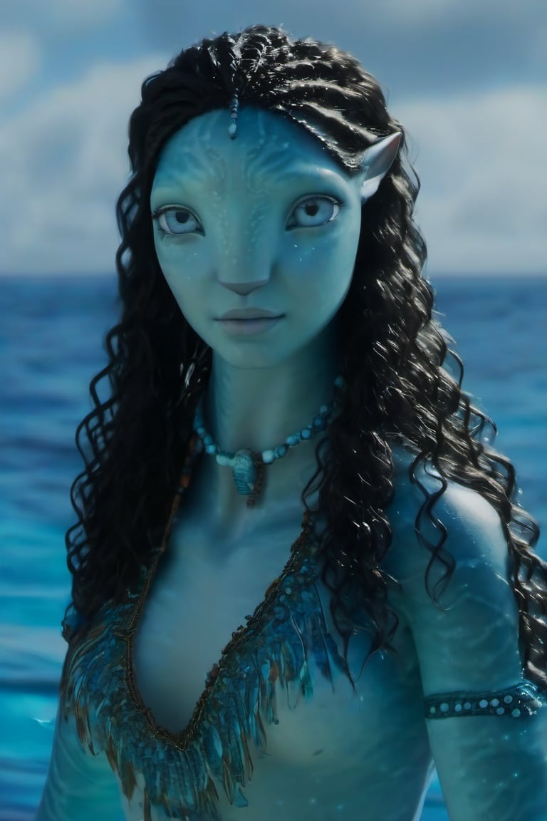 Beautiful na’vi, female, ((Jennifer Stone)), aqua skin, young, jewelry, black curly hair, blue eyes, ((sea:background)), ((closeup)), movie scene, freckles, detailed, hdr, high quality, movie still, visible tail, skin detail, ADD MORE DETAIL 