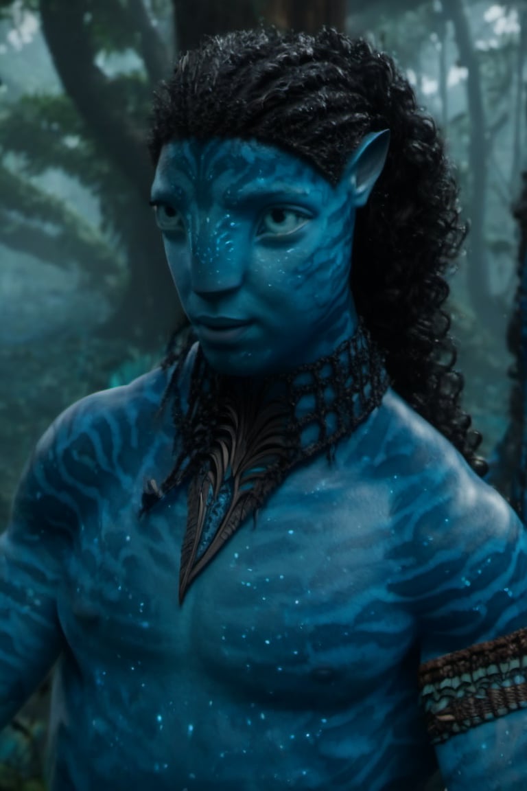 na’vi, ((Michael B. Jordan)), male, blue skin, aqua eyes, wooden jewelry, black curly hair, ((forest:background)), ((closeup)), movie scene, freckles, detailed, hdr, high quality, movie still, visible tail, skin detail,ADD MORE DETAIL 