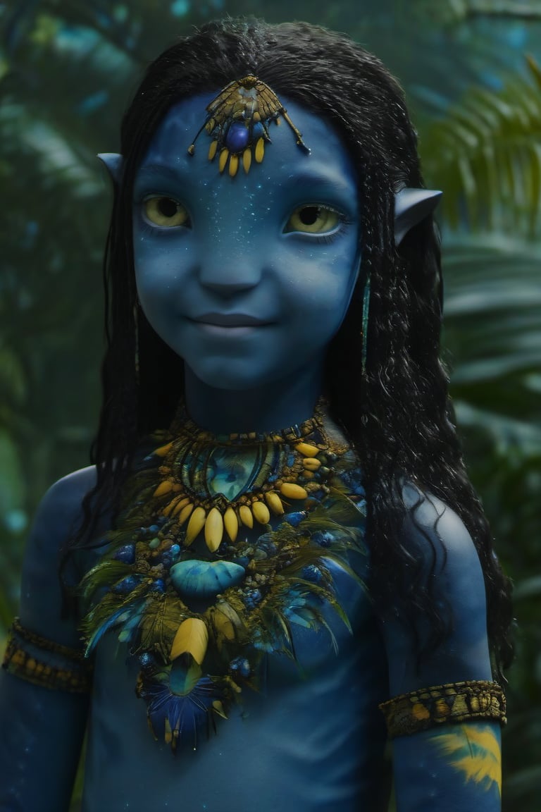 Beautiful na’vi, ((Brooklynn Prince)), dark blue skin, child, young, jewelry, black hair, yellow eyes, earring, ((jungle:background)), ((closeup)), movie scene, freckles, detailed, hdr, high quality, movie still, visible tail, skin detail,ADD MORE DETAIL 