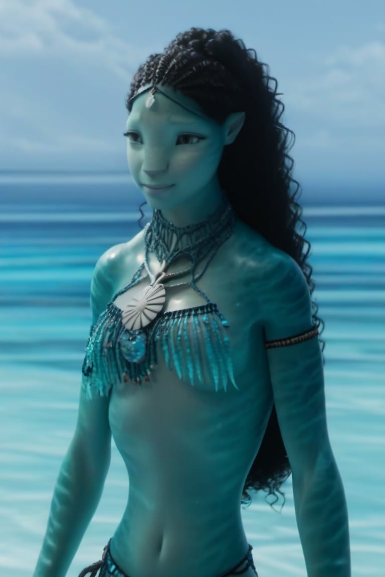 Beautiful na’vi, ((Sonoya Mizuno)), female, aqua skin, black curly hair, jewelry, ((beach:background)), ((closeup)), ((bust)), movie scene, freckles, detailed, hdr, high quality, movie still, visible tail, skin detail, ADD MORE DETAIL