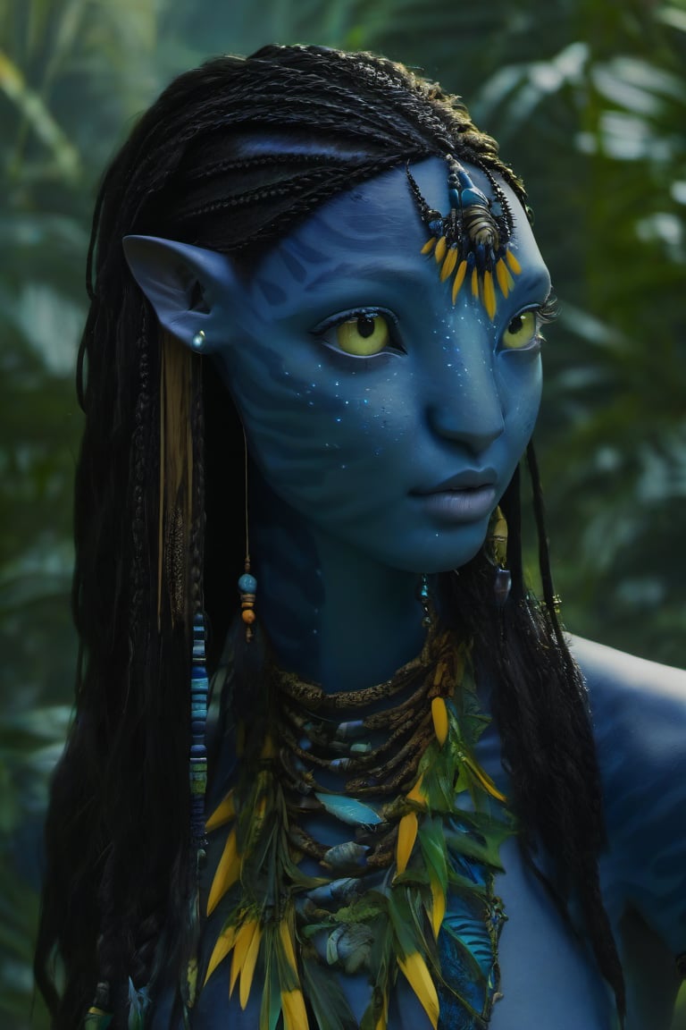 Beautiful na’vi, ((Lee Yoo-mi)), dark blue skin, young, jewelry, long black knotless braids, yellow eyes, earring, ((jungle:background)), ((closeup)), movie scene, freckles, detailed, hdr, high quality, movie still, visible tail, skin detail,ADD MORE DETAIL 