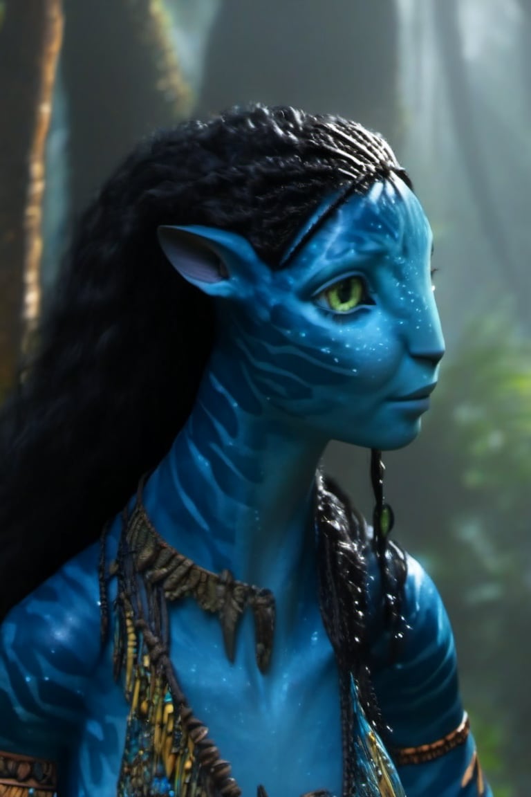 Beautiful na’vi, ((Neytiri)), female, dark blue skin, yellow eyes, wooden jewelry, black hair, ((forest:background)), ((closeup)), movie scene, freckles, detailed, hdr, high quality, movie still, visible tail, long ears, skin detail, ADD MORE DETAIL 