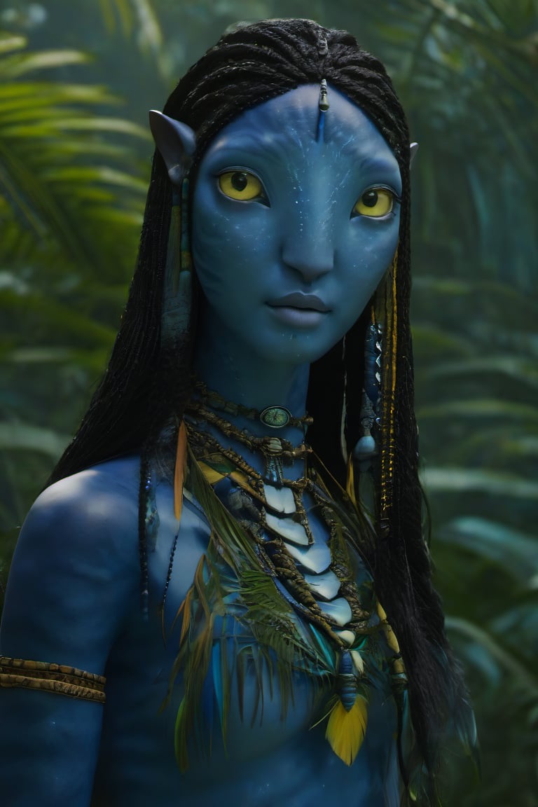 Beautiful na’vi, ((Lee Yoo-mi)), dark blue skin, young, jewelry, long black knotless braids, yellow eyes, earring, ((jungle:background)), ((closeup)), movie scene, freckles, detailed, hdr, high quality, movie still, visible tail, skin detail,ADD MORE DETAIL 