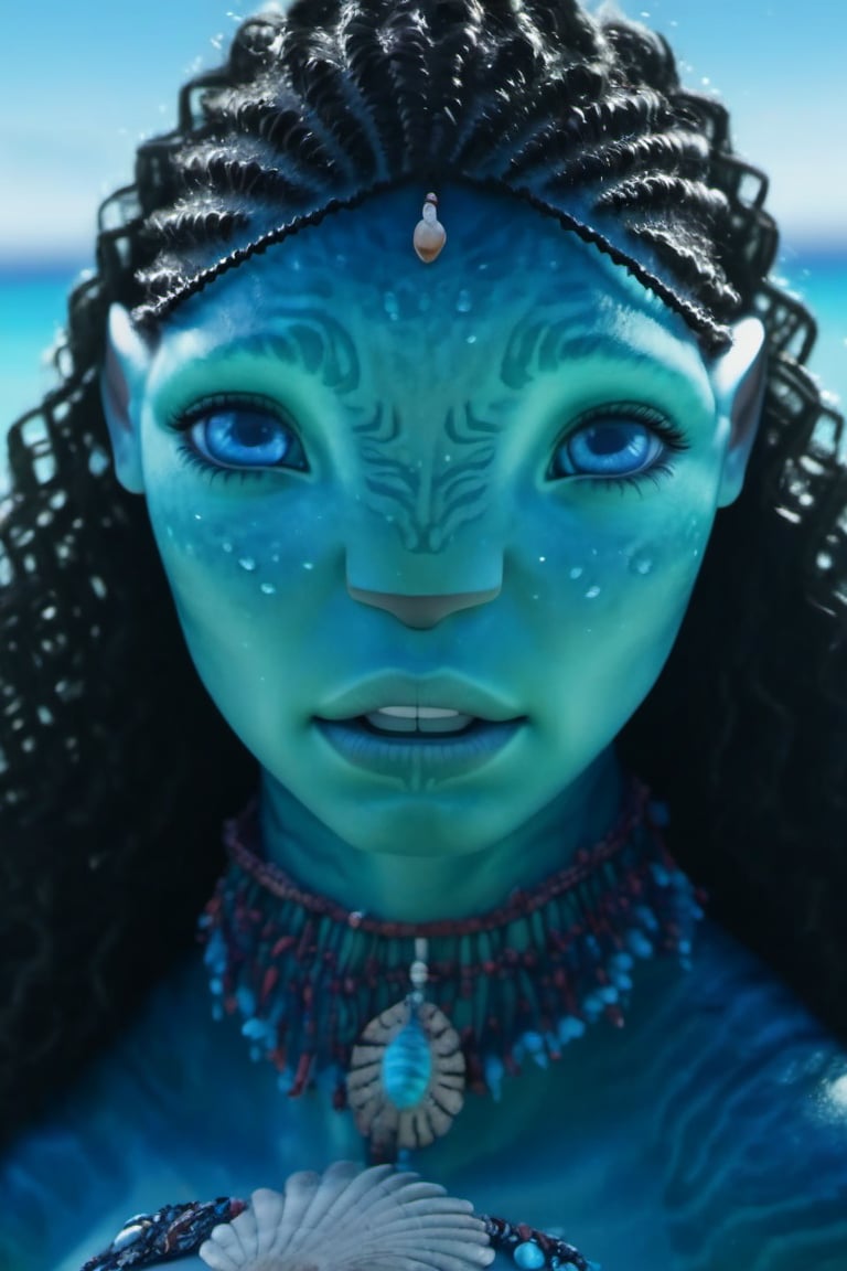 Beautiful na’vi, ((Ronal)), ((Halle Bailey)), female, aqua skin, blue eyes, black curly hair, jewelry, coral headpiece, angry, fangs, ((beach:background)), ((closeup)), ((bust)), movie scene, freckles, detailed, hdr, high quality, movie still, visible tail, skin detail, ADD MORE DETAIL