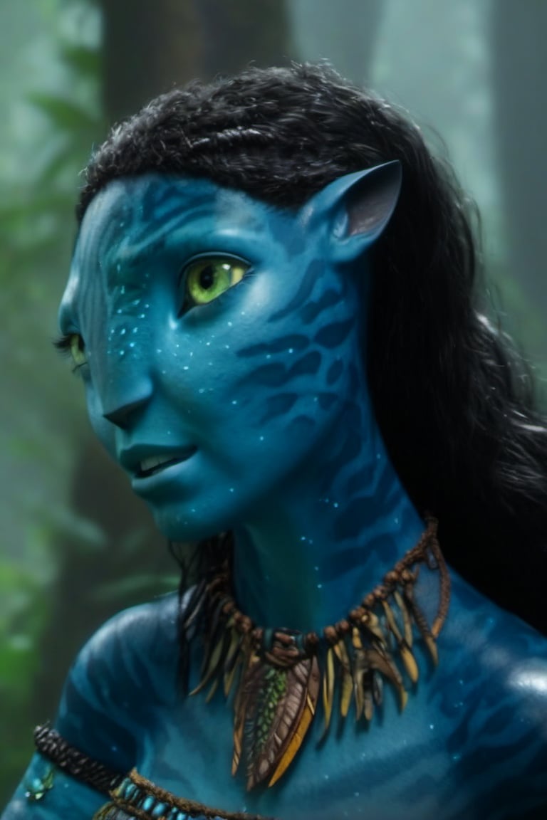 Beautiful na’vi, slim, female, dark blue skin, yellow eyes, wooden jewelry, black hair, ((forest:background)), ((closeup)), movie scene, freckles, detailed, hdr, high quality, movie still, visible tail, skin detail, ADD MORE DETAIL 