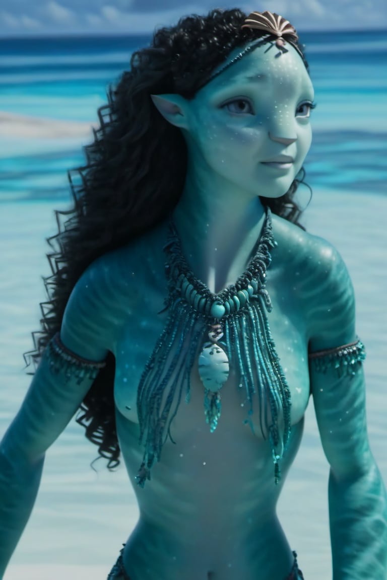 Beautiful na’vi, ((Olivia Cooke)), female, aqua skin, black curly hair, jewelry, ((beach:background)), ((closeup)), ((bust)), movie scene, freckles, detailed, hdr, high quality, movie still, visible tail, skin detail, ADD MORE DETAIL