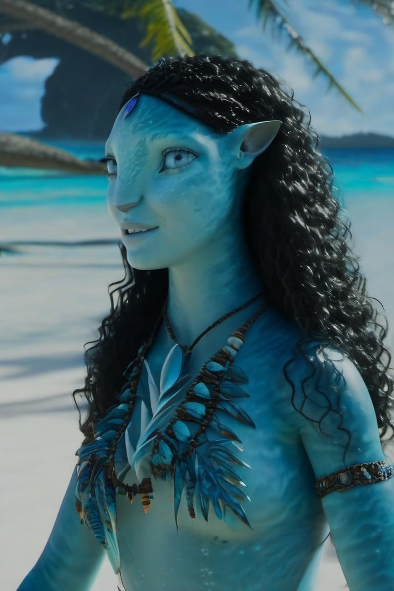 Beautiful na’vi, female, ((Allie Gonino)), aqua skin, young, jewelry, black curly hair, blue eyes, ((beach:background)), ((closeup)), movie scene, freckles, detailed, hdr, high quality, movie still, visible tail, skin detail, ADD MORE DETAIL 