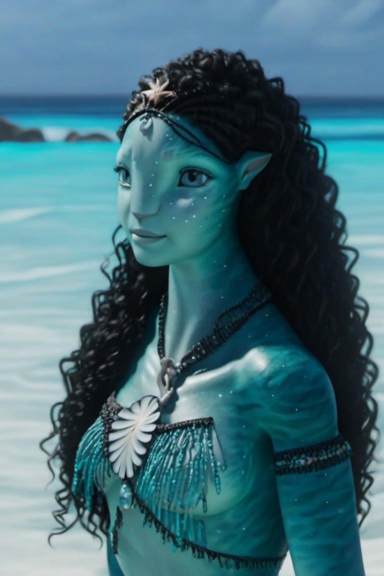 Beautiful na’vi, ((Emily Carey)), female, aqua skin, black curly hair, jewelry, ((beach:background)), ((closeup)), ((bust)), movie scene, freckles, detailed, hdr, high quality, movie still, visible tail, skin detail, ADD MORE DETAIL