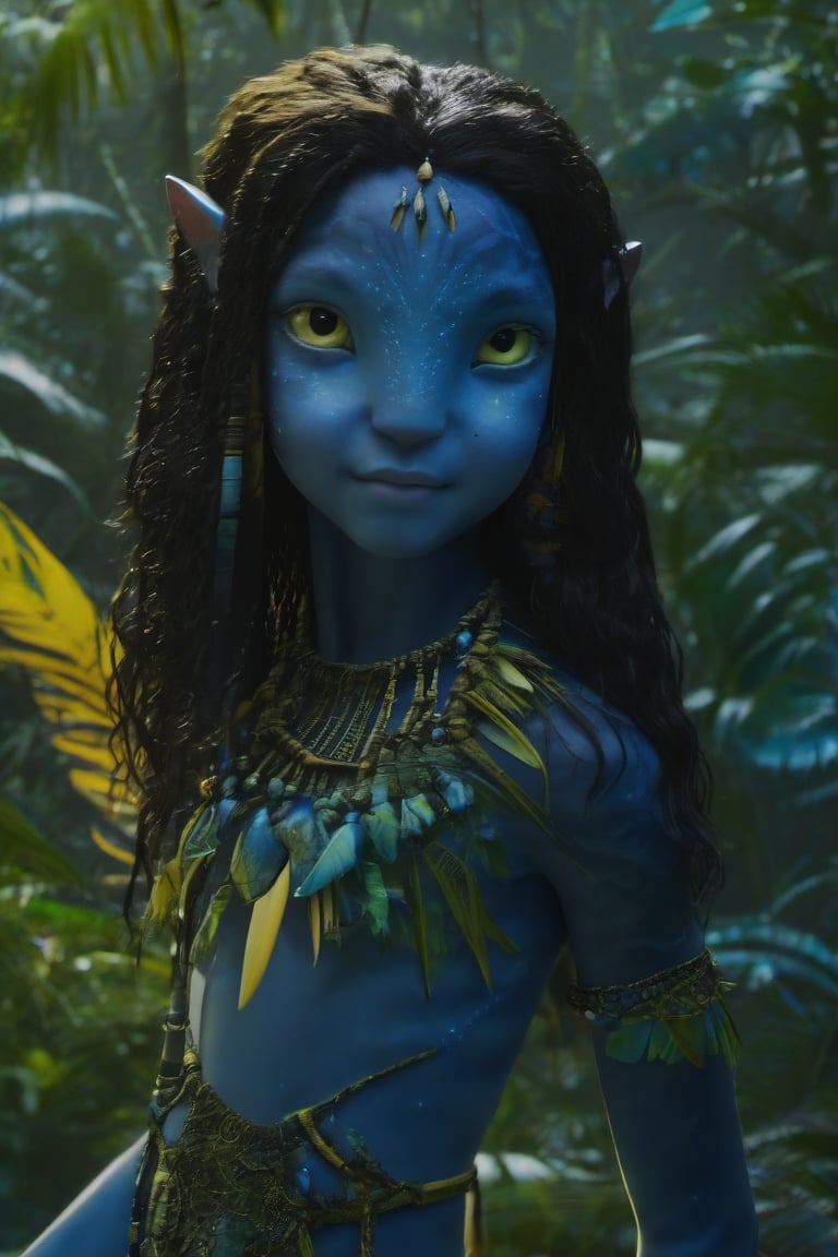 Beautiful na’vi, ((Brooklynn Prince)), dark blue skin, child, young, jewelry, black hair, yellow eyes, earring, ((jungle:background)), ((closeup)), movie scene, freckles, detailed, hdr, high quality, movie still, visible tail, skin detail,ADD MORE DETAIL 