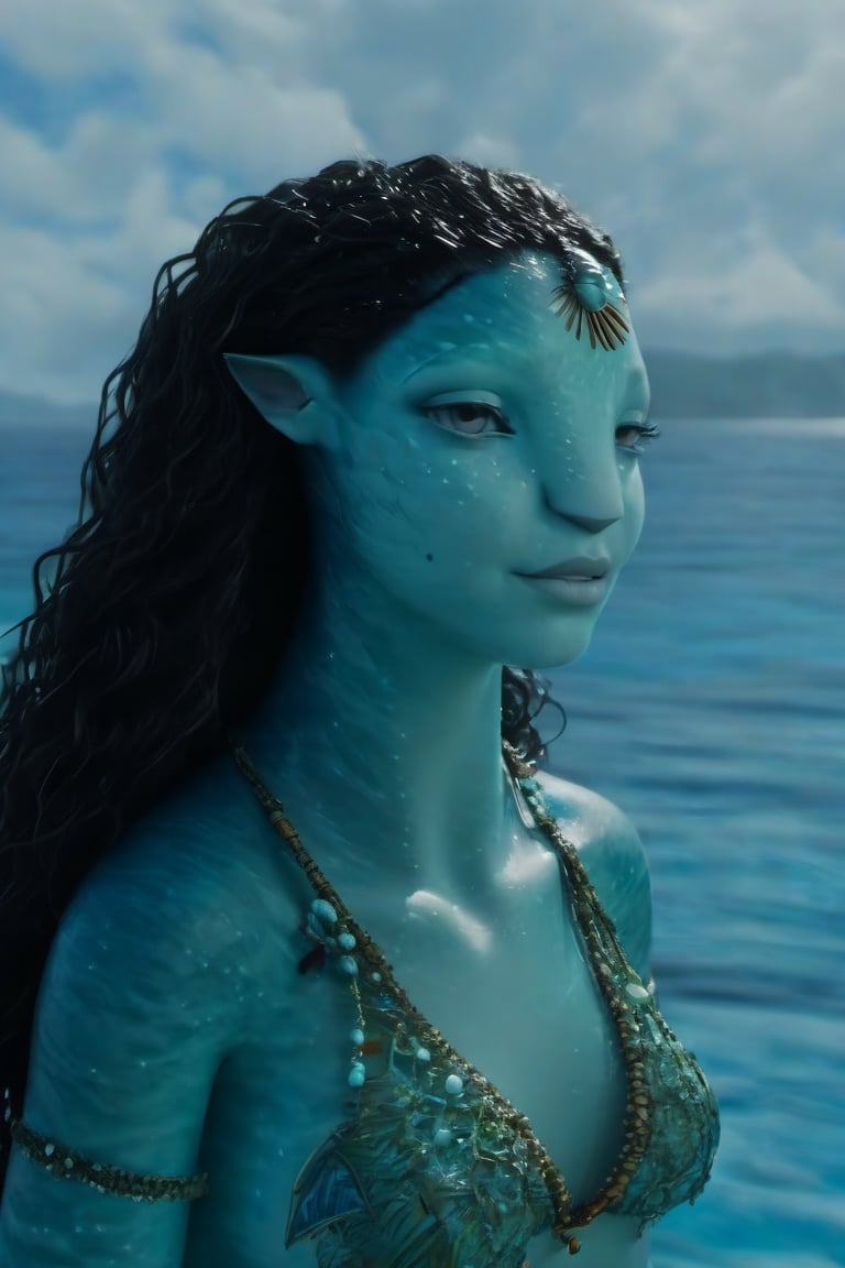 Beautiful na’vi, female, ((Jennifer Stone)), aqua skin, young, jewelry, black curly hair, closed eyes, swimming, ((sea:background)), ((closeup)), movie scene, freckles, detailed, hdr, high quality, movie still, visible tail, skin detail, ADD MORE DETAIL 