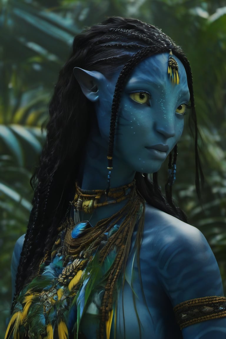 Beautiful na’vi, ((Kim Joo-ryung)), dark blue skin, young, jewelry, long black braids, yellow eyes, earring, ((jungle:background)), ((closeup)), movie scene, freckles, detailed, hdr, high quality, movie still, visible tail, skin detail,ADD MORE DETAIL 