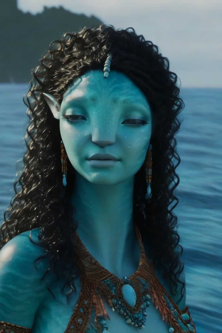 Beautiful na’vi, female, ((Jennifer Stone)), aqua skin, young, jewelry, black curly hair, closed eyes, ((sea:background)), ((closeup)), sunset, movie scene, freckles, detailed, hdr, high quality, movie still, visible tail, skin detail, ADD MORE DETAIL 