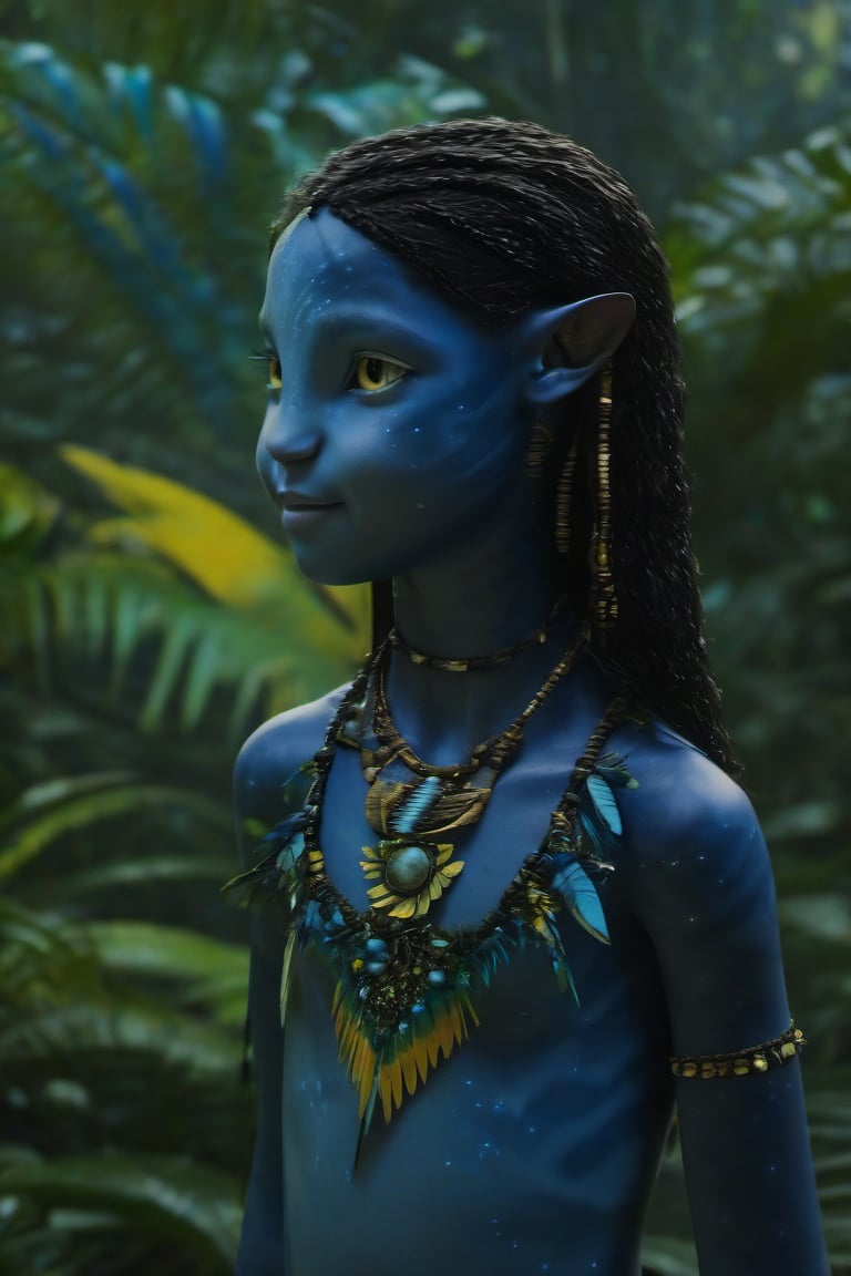 Beautiful na’vi, ((Brooklynn Prince)), dark blue skin, child, young, jewelry, black hair, yellow eyes, earring, ((jungle:background)), ((closeup)), movie scene, freckles, detailed, hdr, high quality, movie still, visible tail, skin detail,ADD MORE DETAIL 