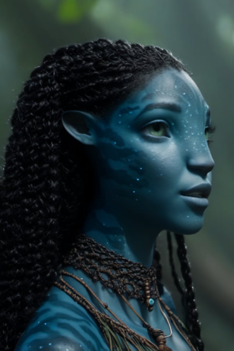 Beautiful na’vi, ((Laura Harrier)), female, grey blue skin, wooden jewelry, black braids, ((forest:background)), ((closeup)), movie scene, freckles, detailed, hdr, high quality, movie still, visible tail, skin detail,ADD MORE DETAIL 