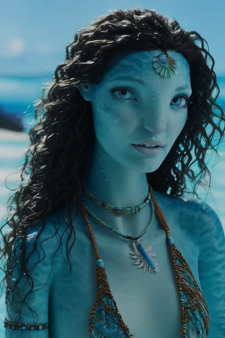 Beautiful na’vi, female, ((Bella Thorne)), aqua skin, young, jewelry, black curly hair, blue eyes, ((beach:background)), ((closeup)), movie scene, freckles, detailed, hdr, high quality, movie still, visible tail, skin detail, ADD MORE DETAIL 