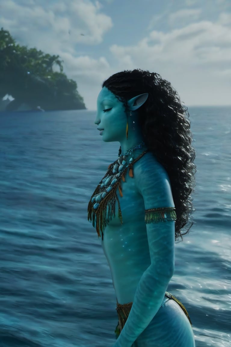 Beautiful na’vi, female, ((Jennifer Stone)), aqua skin, young, jewelry, black curly hair, closed eyes, ((sea:background)), ((closeup)), night, movie scene, freckles, detailed, hdr, high quality, movie still, visible tail, skin detail, ADD MORE DETAIL 