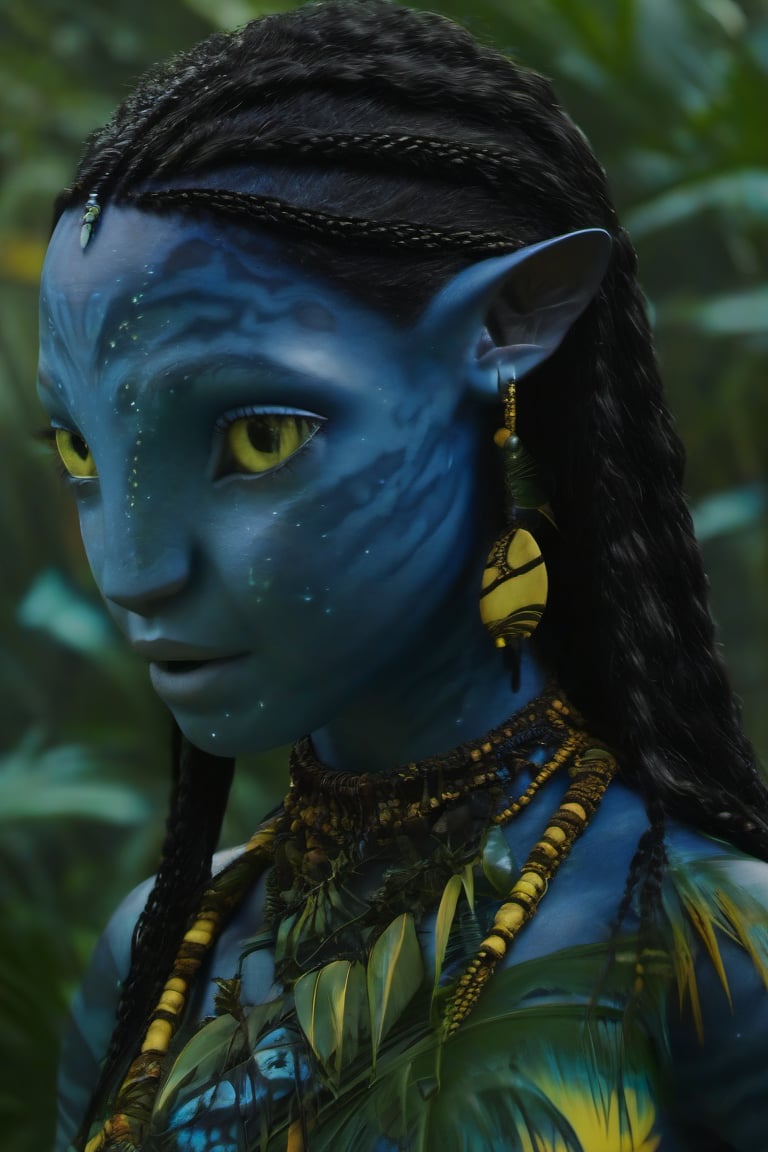 Beautiful na’vi, female, dark blue skin, child, jewelry, black braids, yellow eyes, earring, ((jungle:background)), ((closeup)), movie scene, freckles, detailed, hdr, high quality, movie still, visible tail, skin detail,ADD MORE DETAIL 