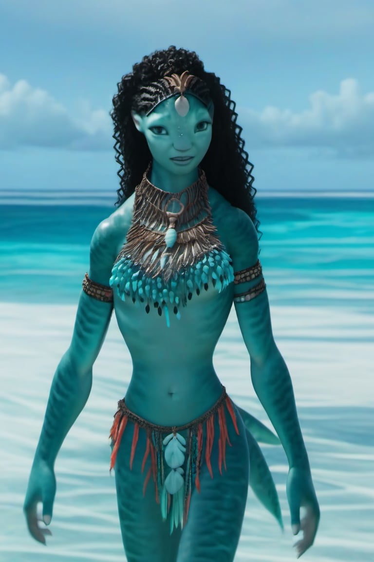 Beautiful na’vi, ((Ronal)), ((Halle Bailey)), female, aqua skin, black curly hair, jewelry, coral headpiece, angry, fangs, ((beach:background)), ((closeup)), ((bust)), movie scene, freckles, detailed, hdr, high quality, movie still, visible tail, skin detail, ADD MORE DETAIL