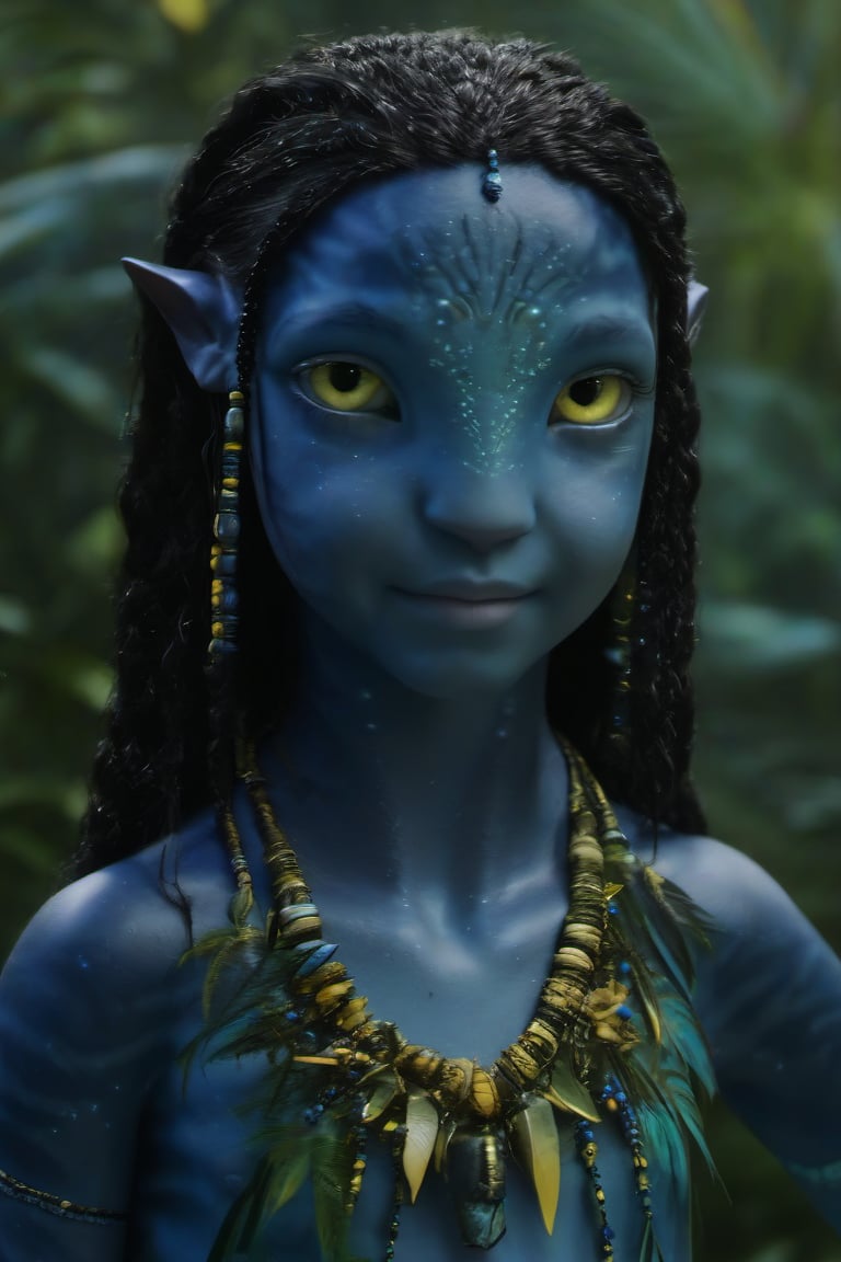 Beautiful na’vi, ((Brooklynn Prince)), dark blue skin, child, young, jewelry, black hair, yellow eyes, earring, ((jungle:background)), ((closeup)), movie scene, freckles, detailed, hdr, high quality, movie still, visible tail, skin detail,ADD MORE DETAIL 