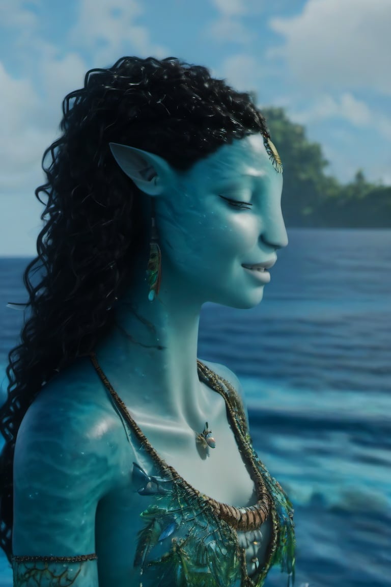 Beautiful na’vi, female, ((Jennifer Stone)), aqua skin, young, jewelry, black curly hair, closed eyes, singing, ((sea:background)), ((closeup)), movie scene, freckles, detailed, hdr, high quality, movie still, visible tail, skin detail, ADD MORE DETAIL 