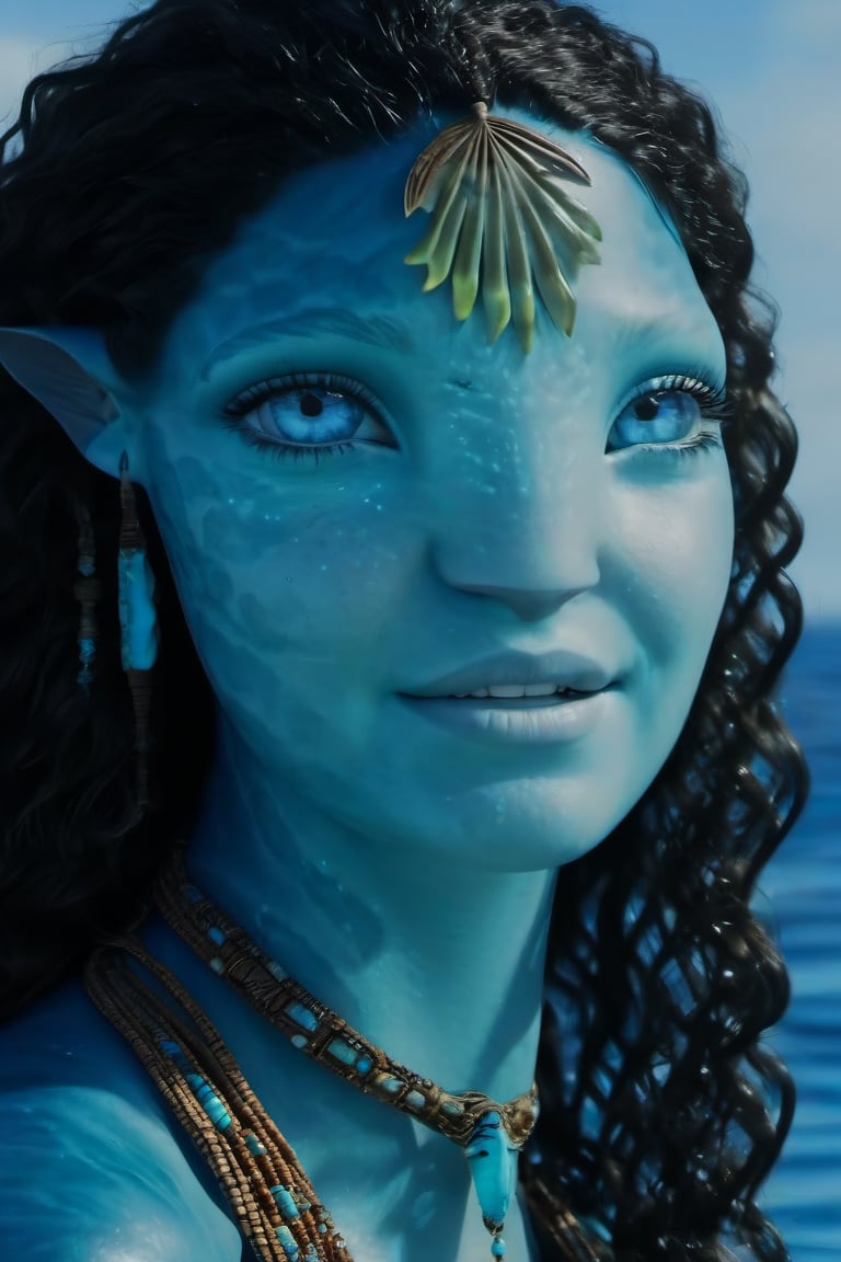 Beautiful na’vi, female, ((Jennifer Stone)), aqua skin, young, jewelry, black curly hair, blue eyes, ((sea:background)), ((closeup)), movie scene, freckles, detailed, hdr, high quality, movie still, visible tail, skin detail, ADD MORE DETAIL 