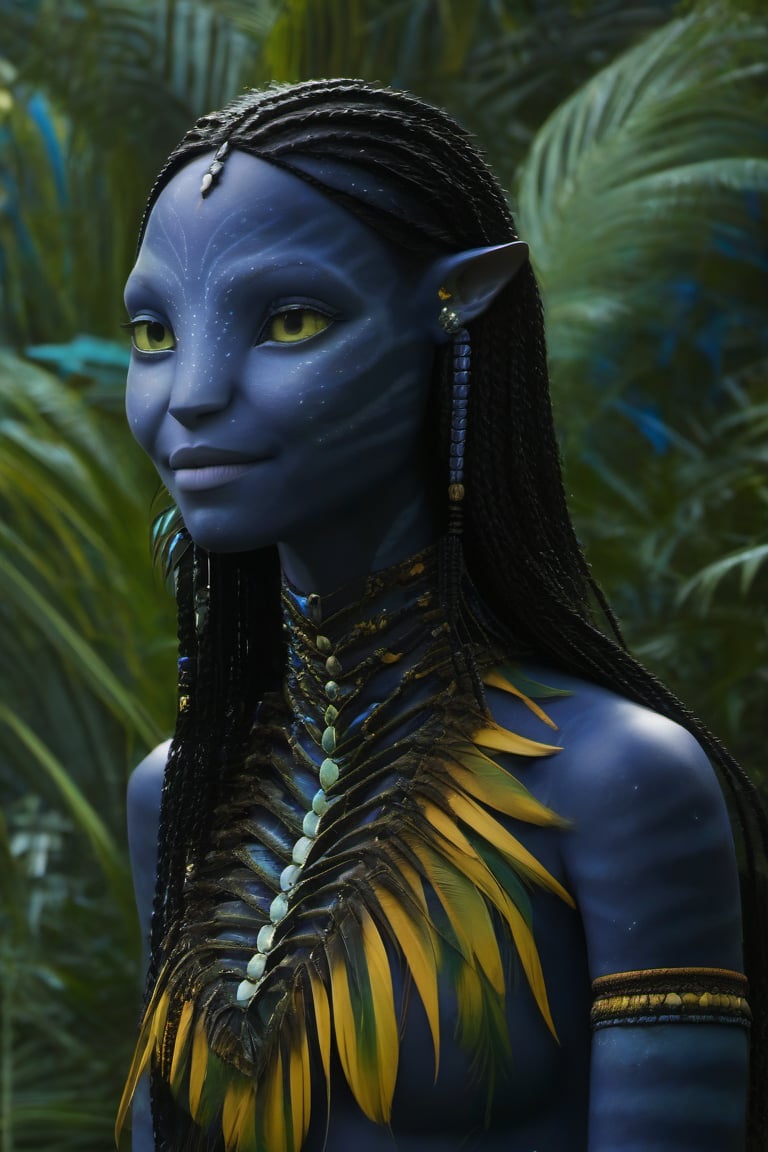 Beautiful na’vi, ((Zoë Kravitz)), ((Neytiri)), ((Neteyam)), female, dark blue skin, young, jewelry, long black braids, yellow eyes, earring, ((jungle:background)), ((closeup)), movie scene, freckles, detailed, hdr, high quality, movie still, visible tail, skin detail,ADD MORE DETAIL 