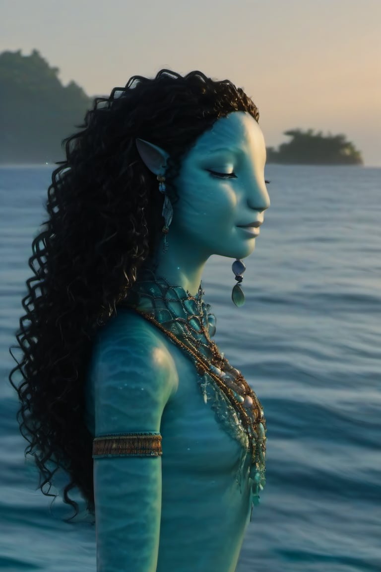 Beautiful na’vi, female, ((Jennifer Stone)), aqua skin, young, jewelry, black curly hair, closed eyes, ((sea:background)), ((closeup)), sunset, movie scene, freckles, detailed, hdr, high quality, movie still, visible tail, skin detail, ADD MORE DETAIL 