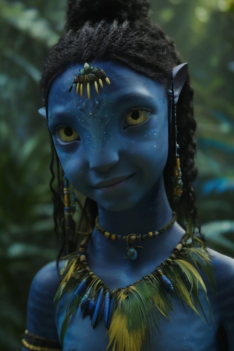 Beautiful na’vi, ((Brooklynn Prince)), dark blue skin, child, young, jewelry, black hair, yellow eyes, earring, ((jungle:background)), ((closeup)), movie scene, freckles, detailed, hdr, high quality, movie still, visible tail, skin detail,ADD MORE DETAIL 