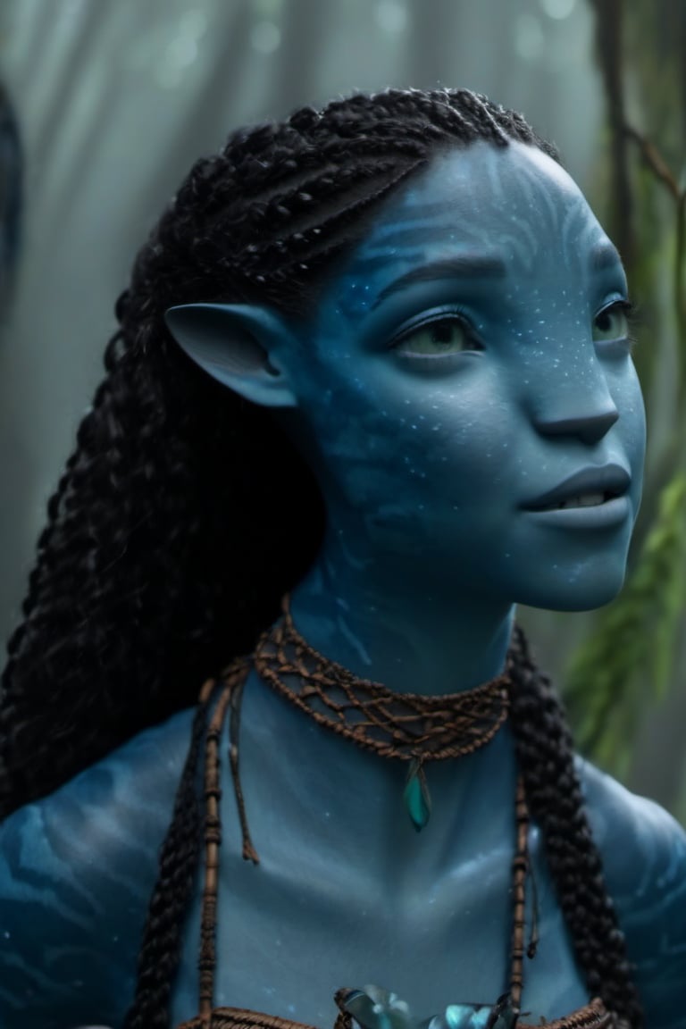 Beautiful na’vi, ((Laura Harrier)), female, grey blue skin, wooden jewelry, black braids, ((forest:background)), ((closeup)), movie scene, freckles, detailed, hdr, high quality, movie still, visible tail, skin detail,ADD MORE DETAIL 