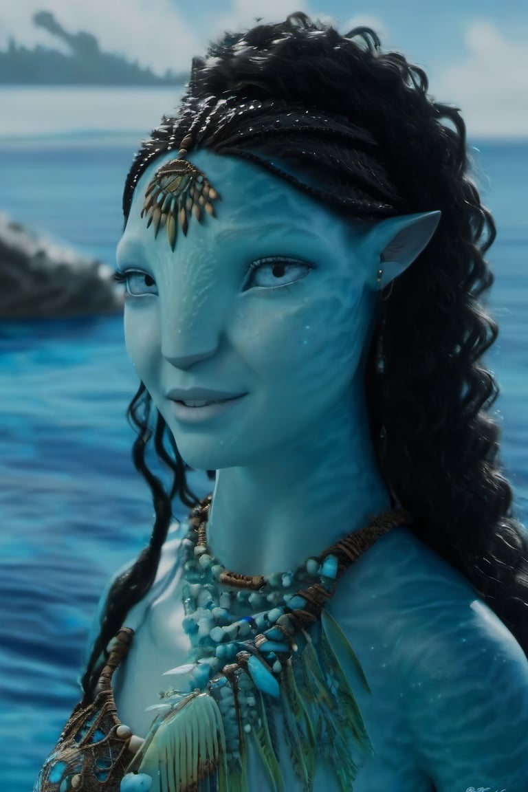 Beautiful na’vi, female, ((Jennifer Stone)), aqua skin, young, jewelry, black curly hair, blue eyes, ((sea:background)), ((closeup)), movie scene, freckles, detailed, hdr, high quality, movie still, visible tail, skin detail, ADD MORE DETAIL 