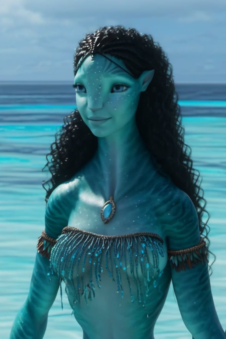 Beautiful na’vi, ((Emma D’Arcy)), female, aqua skin, black curly hair, jewelry, ((beach:background)), ((closeup)), ((bust)), movie scene, freckles, detailed, hdr, high quality, movie still, visible tail, skin detail, ADD MORE DETAIL