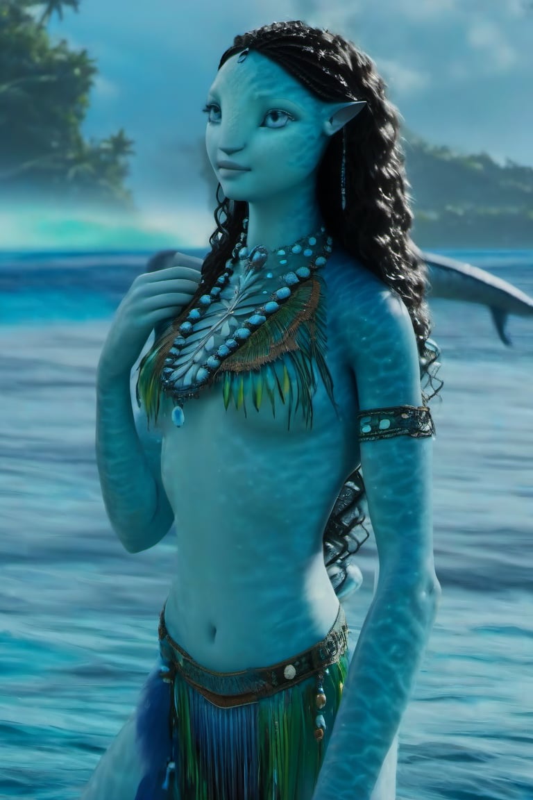 Beautiful na’vi, female, ((Jennifer Stone)), aqua skin, young, jewelry, black curly hair, blue eyes, ((sea:background)), ((tulkun:wale)), ((closeup)), movie scene, freckles, detailed, hdr, high quality, movie still, visible tail, skin detail, ADD MORE DETAIL 