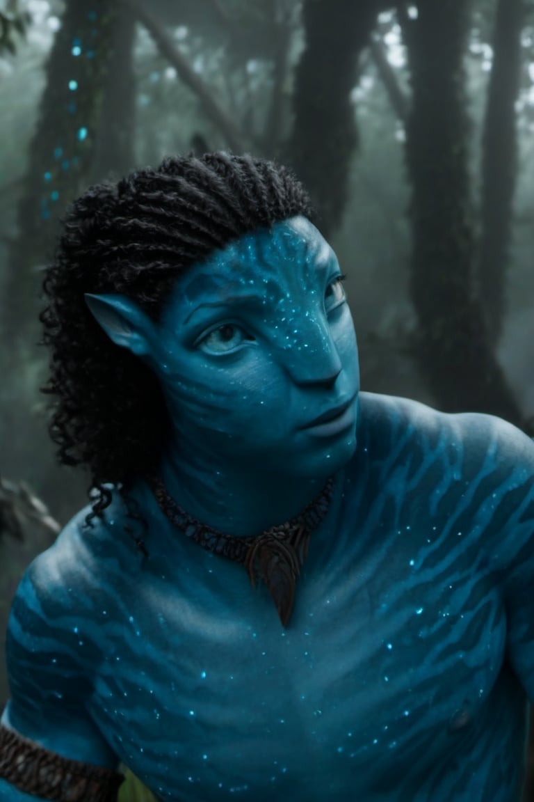 na’vi, ((Michael B. Jordan)), male, blue skin, teal eyes, wooden jewelry, black curly hair, ((forest:background)), ((closeup)), movie scene, freckles, detailed, hdr, high quality, movie still, visible tail, skin detail,ADD MORE DETAIL 