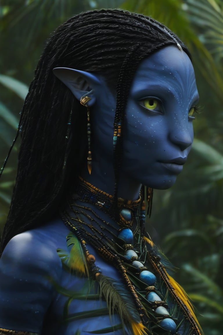 Beautiful na’vi, ((Zoë Kravitz)), ((Neytiri)), ((Neteyam)), female, dark blue skin, young, jewelry, long black braids, yellow eyes, earring, ((jungle:background)), ((closeup)), movie scene, freckles, detailed, hdr, high quality, movie still, visible tail, skin detail,ADD MORE DETAIL 