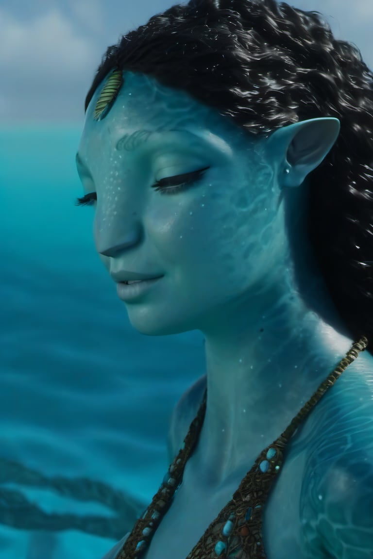 Beautiful na’vi, female, ((Jennifer Stone)), aqua skin, young, jewelry, black curly hair, closed eyes, swimming, ((sea:background)), ((closeup)), movie scene, freckles, detailed, hdr, high quality, movie still, visible tail, skin detail, ADD MORE DETAIL 