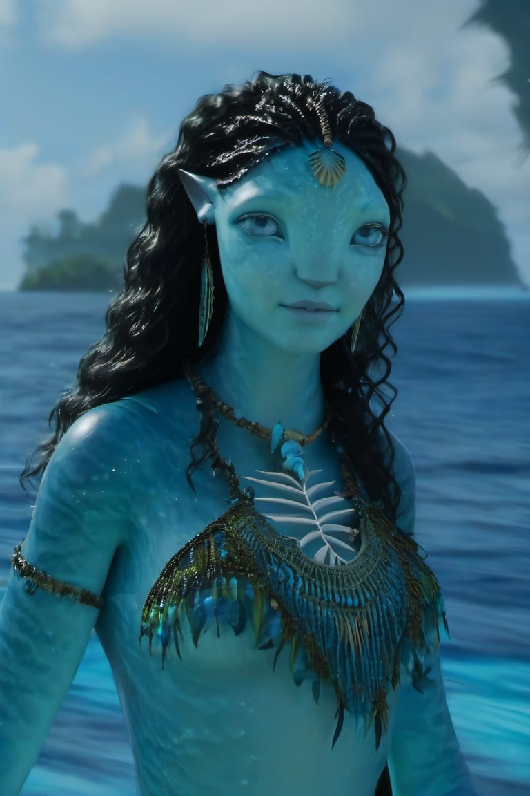 Beautiful na’vi, female, ((Jennifer Stone)), aqua skin, young, jewelry, black curly hair, blue eyes, ((sea:background)), ((tulkun:background)), ((closeup)), movie scene, freckles, detailed, hdr, high quality, movie still, visible tail, skin detail, ADD MORE DETAIL 