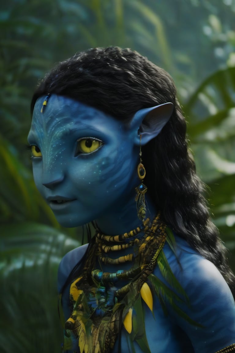 Beautiful na’vi, female, dark blue skin, child, jewelry, black hair, yellow eyes, earring, ((jungle:background)), ((closeup)), movie scene, freckles, detailed, hdr, high quality, movie still, visible tail, skin detail,ADD MORE DETAIL 