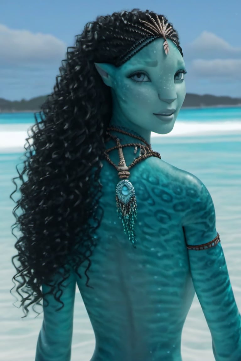 Beautiful na’vi, ((Savannah Steyn)), female, aqua skin, black curly hair, jewelry, ((beach:background)), ((closeup)), ((bust)), movie scene, freckles, detailed, hdr, high quality, movie still, visible tail, skin detail, ADD MORE DETAIL