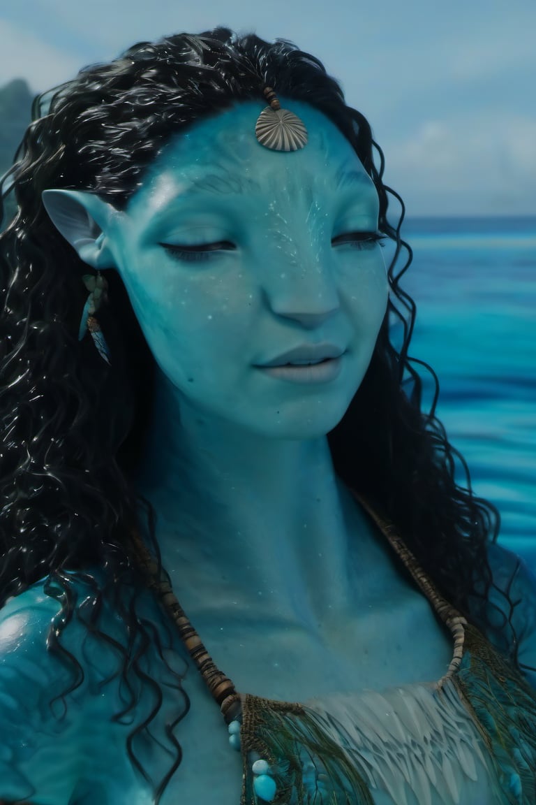 Beautiful na’vi, female, ((Jennifer Stone)), aqua skin, young, jewelry, black curly hair, closed eyes, swimming, ((sea:background)), ((closeup)), movie scene, freckles, detailed, hdr, high quality, movie still, visible tail, skin detail, ADD MORE DETAIL 