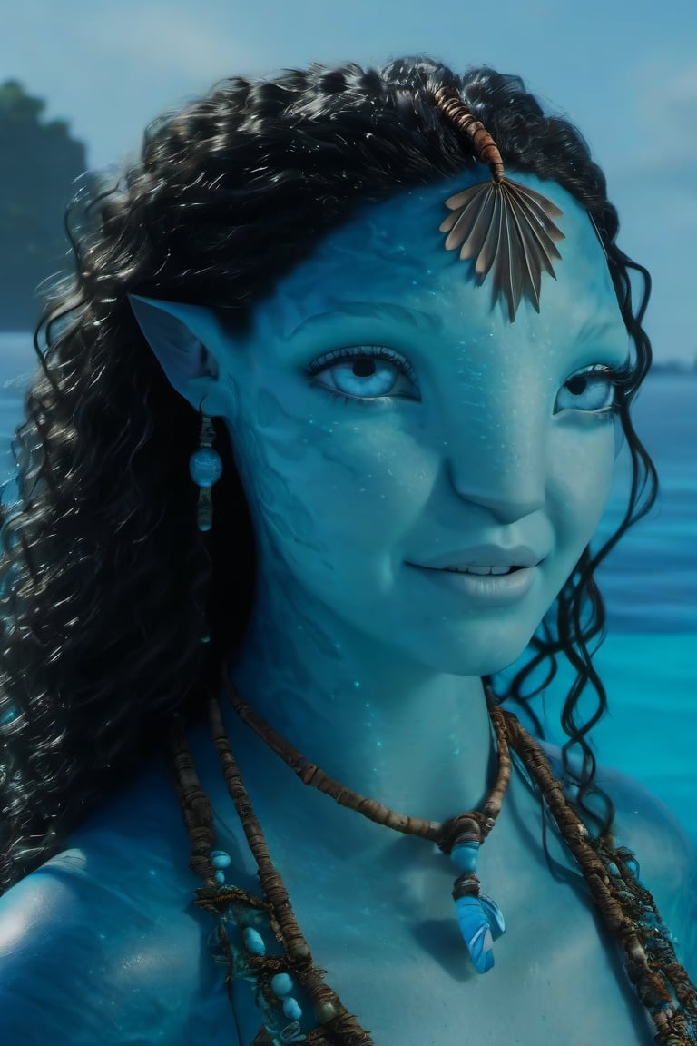 Beautiful na’vi, female, ((Jennifer Stone)), aqua skin, young, jewelry, black curly hair, blue eyes, ((sea:background)), ((closeup)), movie scene, freckles, detailed, hdr, high quality, movie still, visible tail, skin detail, ADD MORE DETAIL 