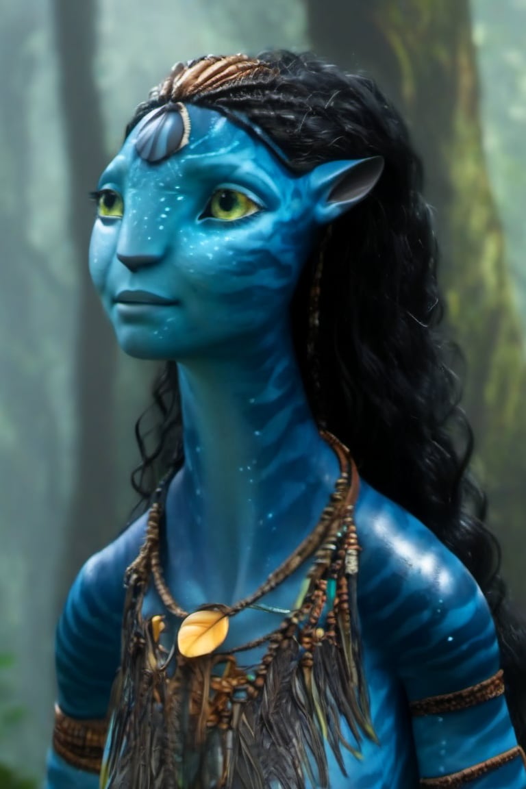 Beautiful na’vi, ((Neytiri)), female, dark blue skin, yellow eyes, wooden jewelry, black hair, ((forest:background)), ((closeup)), movie scene, freckles, detailed, hdr, high quality, movie still, visible tail, long ears, skin detail, ADD MORE DETAIL 