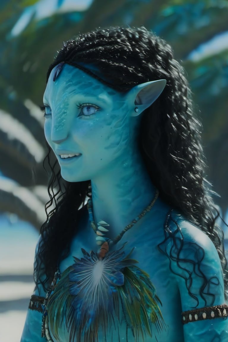 Beautiful na’vi, female, ((Allie Gonino)), aqua skin, young, jewelry, black curly hair, blue eyes, ((beach:background)), ((closeup)), movie scene, freckles, detailed, hdr, high quality, movie still, visible tail, skin detail, ADD MORE DETAIL 