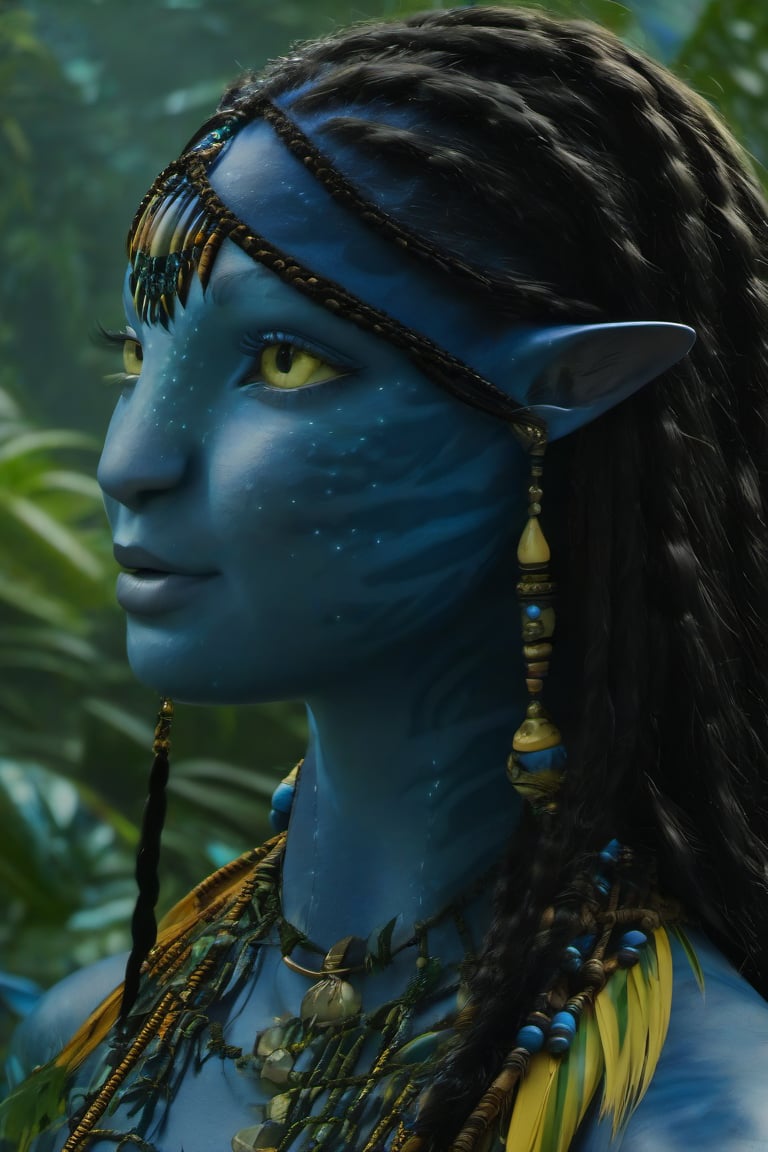 Beautiful na’vi, ((Jennifer Stone)), dark blue skin, young, jewelry, long black knotless braids, yellow eyes, earring, ((jungle:background)), ((closeup)), movie scene, freckles, detailed, hdr, high quality, movie still, visible tail, skin detail,ADD MORE DETAIL 